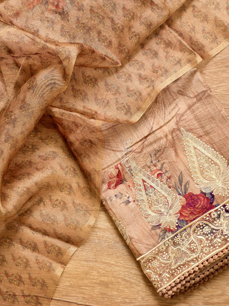 Zynah Pure Tussar Silk Saree with Floral Prints & Embroidery; Custom Stitched/Ready-made Blouse, Fall, Petticoat; Shipping available USA, Worldwide