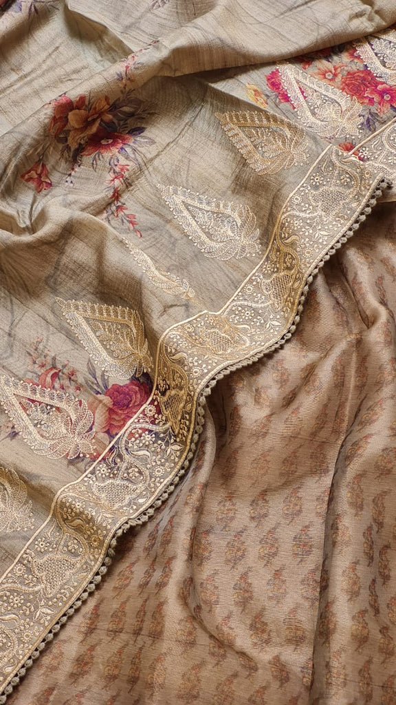 Zynah Pure Tussar Silk Saree with Floral Prints & Embroidery; Custom Stitched/Ready-made Blouse, Fall, Petticoat; Shipping available USA, Worldwide