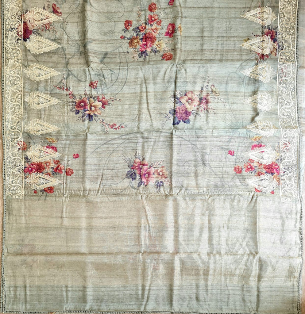 Zynah Pure Tussar Silk Saree with Floral Prints & Embroidery; Custom Stitched/Ready-made Blouse, Fall, Petticoat; Shipping available USA, Worldwide