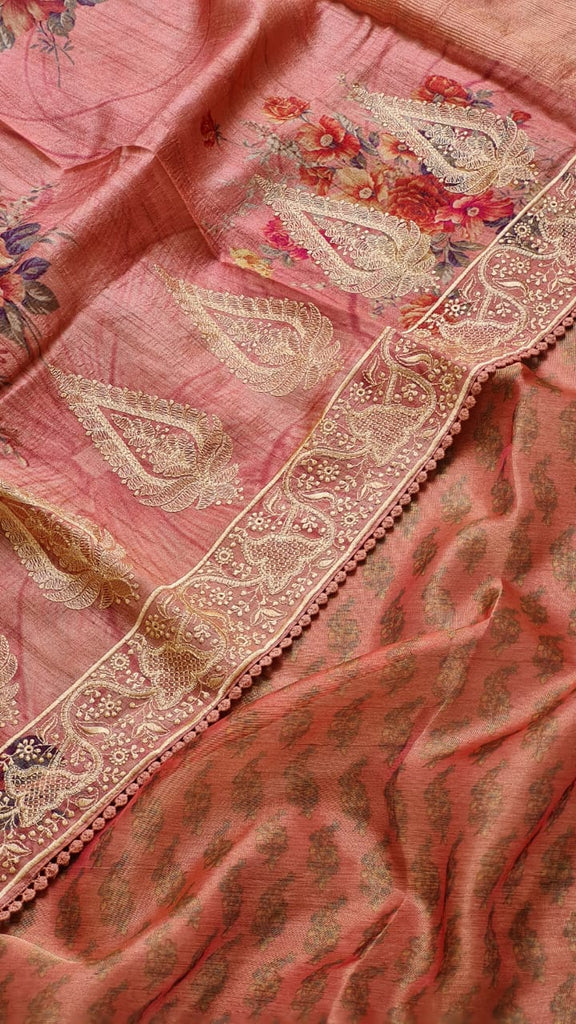 Zynah Pure Tussar Silk Saree with Floral Prints & Embroidery; Custom Stitched/Ready-made Blouse, Fall, Petticoat; Shipping available USA, Worldwide
