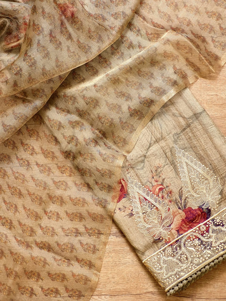 Zynah Pure Tussar Silk Saree with Floral Prints & Embroidery; Custom Stitched/Ready-made Blouse, Fall, Petticoat; Shipping available USA, Worldwide