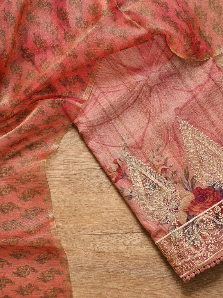 Zynah Pure Tussar Silk Saree with Floral Prints & Embroidery; Custom Stitched/Ready-made Blouse, Fall, Petticoat; Shipping available USA, Worldwide