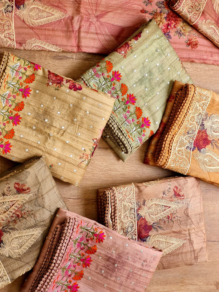 Zynah Pure Tussar Silk Saree with Floral Prints & Embroidery; Custom Stitched/Ready-made Blouse, Fall, Petticoat; Shipping available USA, Worldwide