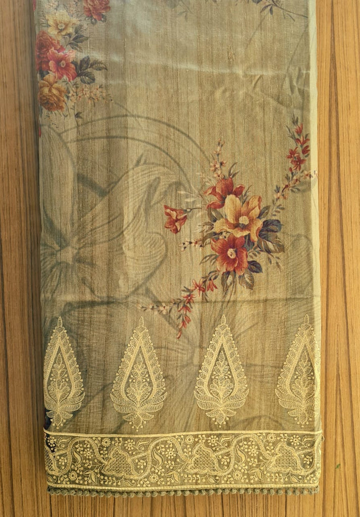 Zynah Pure Tussar Silk Saree with Floral Prints & Embroidery; Custom Stitched/Ready-made Blouse, Fall, Petticoat; Shipping available USA, Worldwide