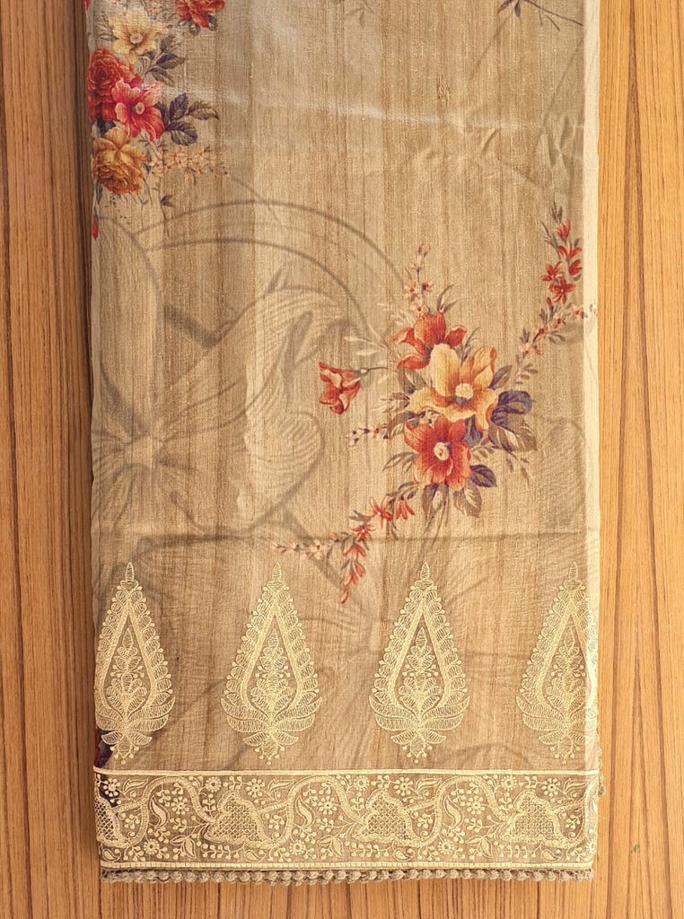 Zynah Pure Tussar Silk Saree with Floral Prints & Embroidery; Custom Stitched/Ready-made Blouse, Fall, Petticoat; Shipping available USA, Worldwide