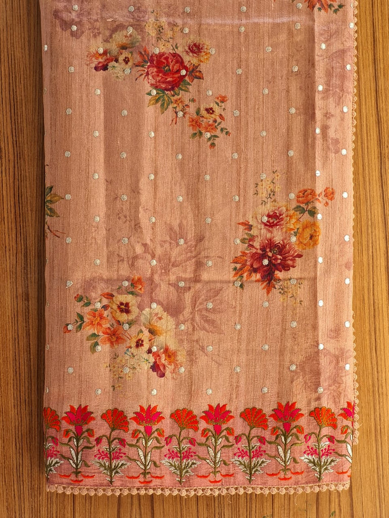 Zynah Pure Tussar Silk Saree with Floral Prints & Embroidery; Custom Stitched/Ready-made Blouse, Fall, Petticoat; Shipping available USA, Worldwide