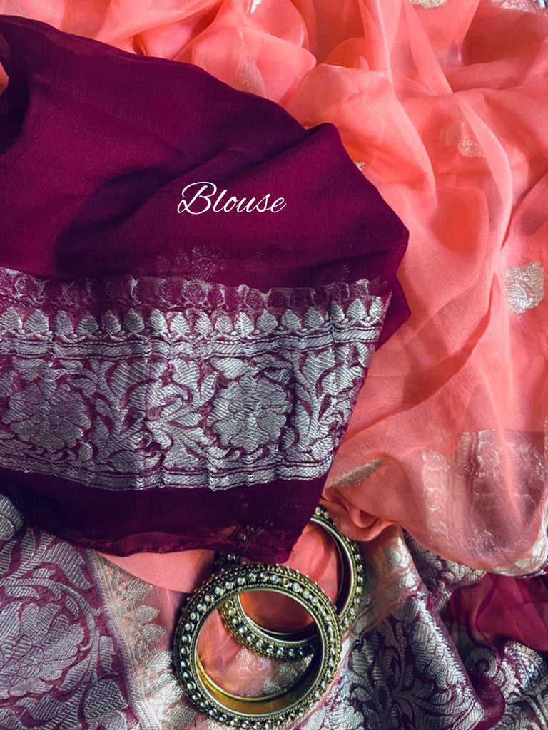 Zynah Pure Banarasi Handloom Khaddi Georgette Saree with Zari Border & Butis; Custom Stitched/Ready-made Blouse, Fall, Petticoat; Shipping available USA, Worldwide