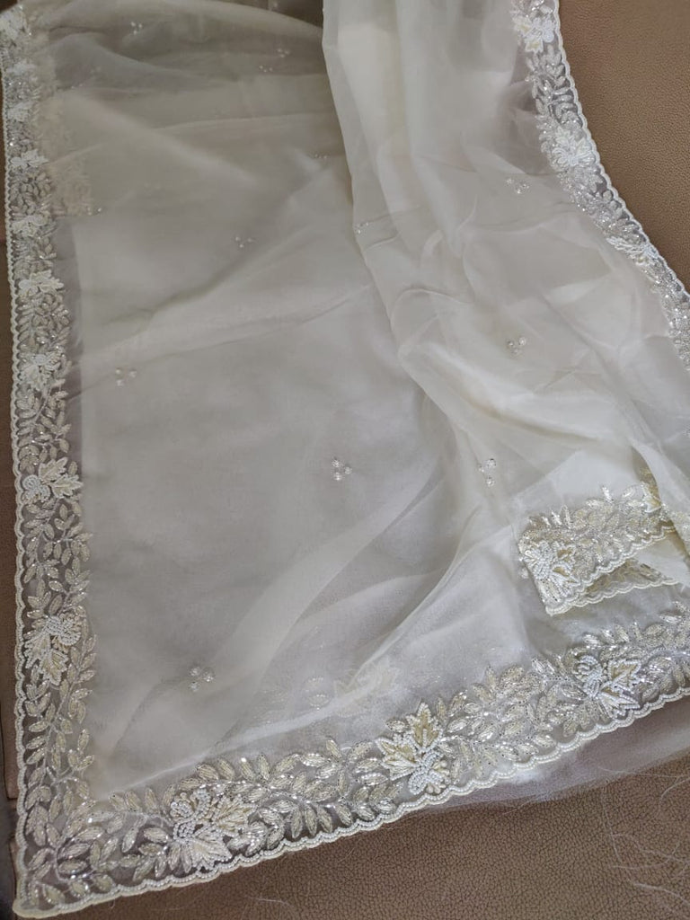Zynah Organza Silk Saree with Cutdana Work, Pearl Beads Work; Custom Stitched/Ready-made Blouse, Fall, Petticoat; Shipping available USA, Worldwide