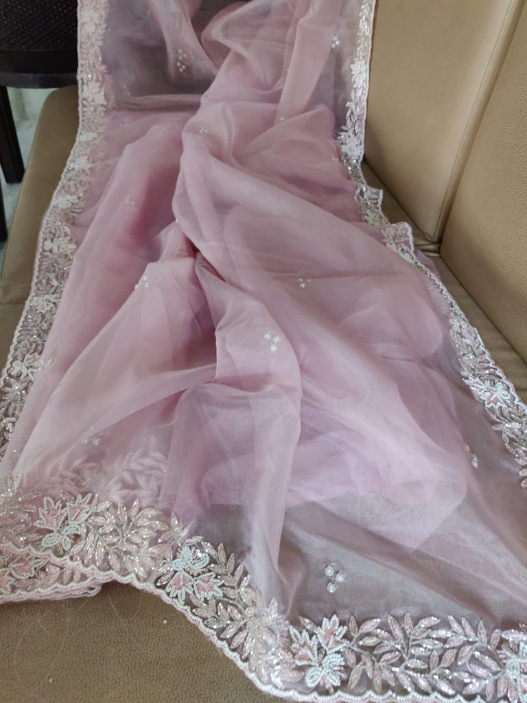 Zynah Organza Silk Saree with Cutdana Work, Pearl Beads Work; Custom Stitched/Ready-made Blouse, Fall, Petticoat; Shipping available USA, Worldwide