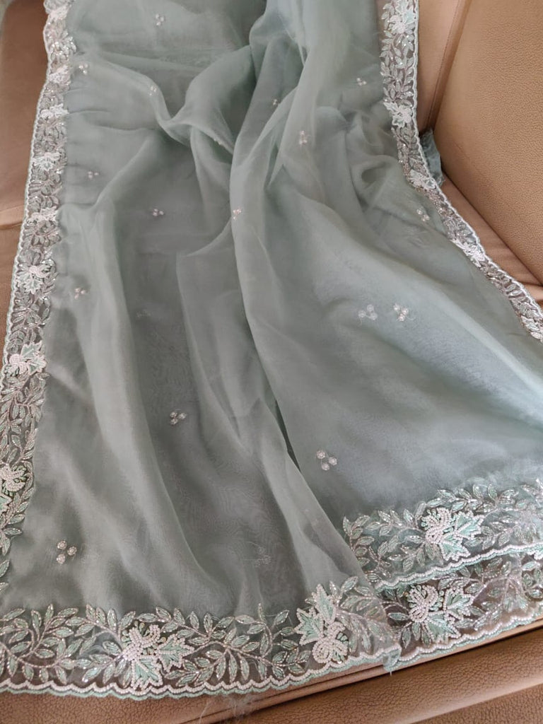 Zynah Organza Silk Saree with Cutdana Work, Pearl Beads Work; Custom Stitched/Ready-made Blouse, Fall, Petticoat; Shipping available USA, Worldwide