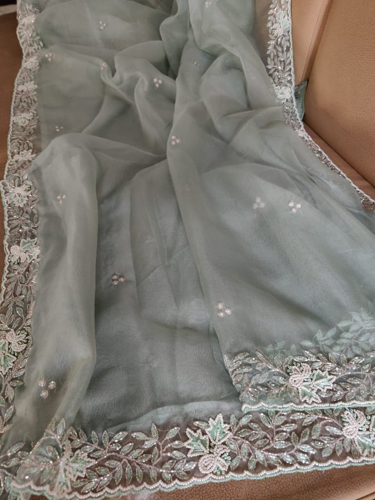 Zynah Organza Silk Saree with Cutdana Work, Pearl Beads Work; Custom Stitched/Ready-made Blouse, Fall, Petticoat; Shipping available USA, Worldwide