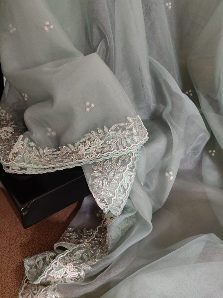 Zynah Organza Silk Saree with Cutdana Work, Pearl Beads Work; Custom Stitched/Ready-made Blouse, Fall, Petticoat; Shipping available USA, Worldwide