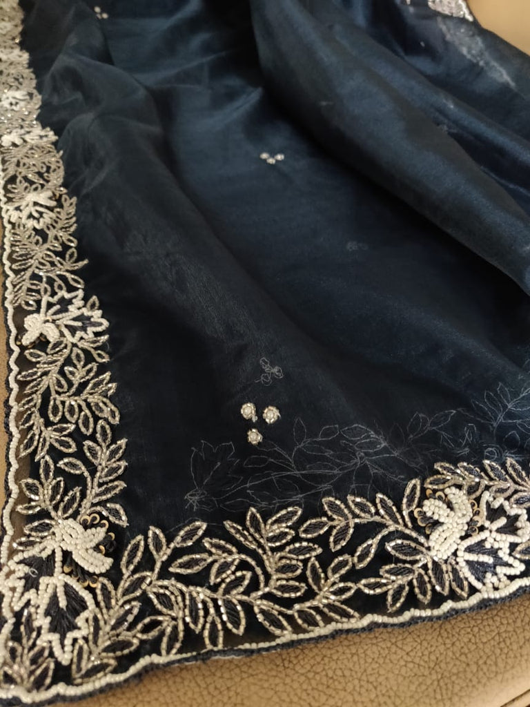 Zynah Organza Silk Saree with Cutdana Work, Pearl Beads Work; Custom Stitched/Ready-made Blouse, Fall, Petticoat; Shipping available USA, Worldwide