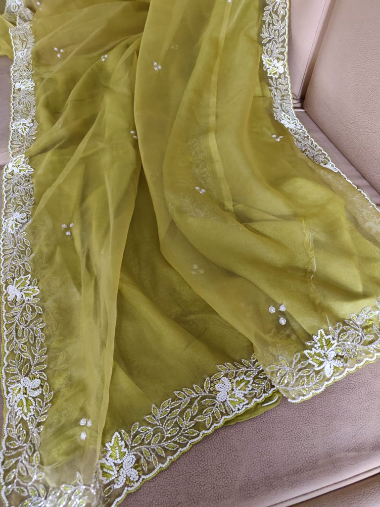 Zynah Organza Silk Saree with Cutdana Work, Pearl Beads Work; Custom Stitched/Ready-made Blouse, Fall, Petticoat; Shipping available USA, Worldwide