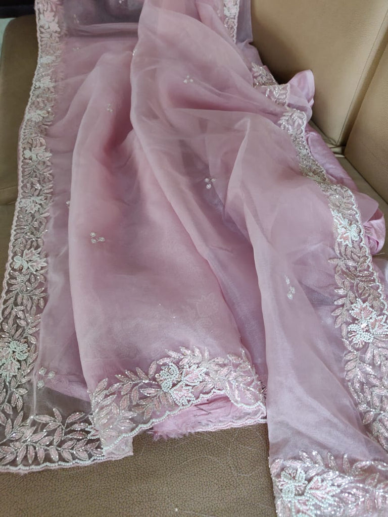 Zynah Organza Silk Saree with Cutdana Work, Pearl Beads Work; Custom Stitched/Ready-made Blouse, Fall, Petticoat; Shipping available USA, Worldwide