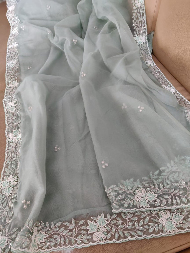 Zynah Organza Silk Saree with Cutdana Work, Pearl Beads Work; Custom Stitched/Ready-made Blouse, Fall, Petticoat; Shipping available USA, Worldwide