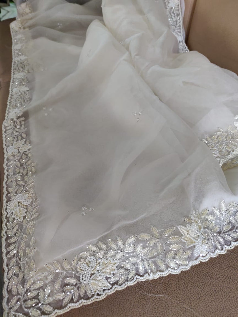 Zynah Organza Silk Saree with Cutdana Work, Pearl Beads Work; Custom Stitched/Ready-made Blouse, Fall, Petticoat; Shipping available USA, Worldwide