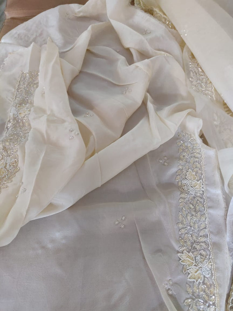 Zynah Organza Silk Saree with Cutdana Work, Pearl Beads Work; Custom Stitched/Ready-made Blouse, Fall, Petticoat; Shipping available USA, Worldwide