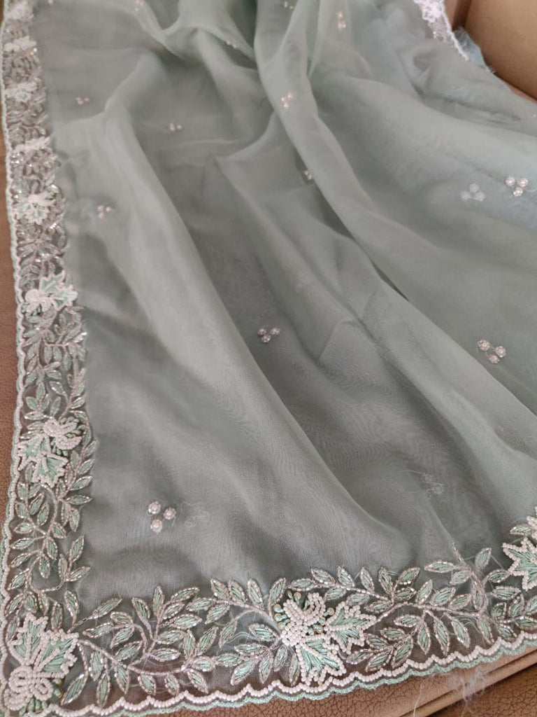 Zynah Organza Silk Saree with Cutdana Work, Pearl Beads Work; Custom Stitched/Ready-made Blouse, Fall, Petticoat; Shipping available USA, Worldwide