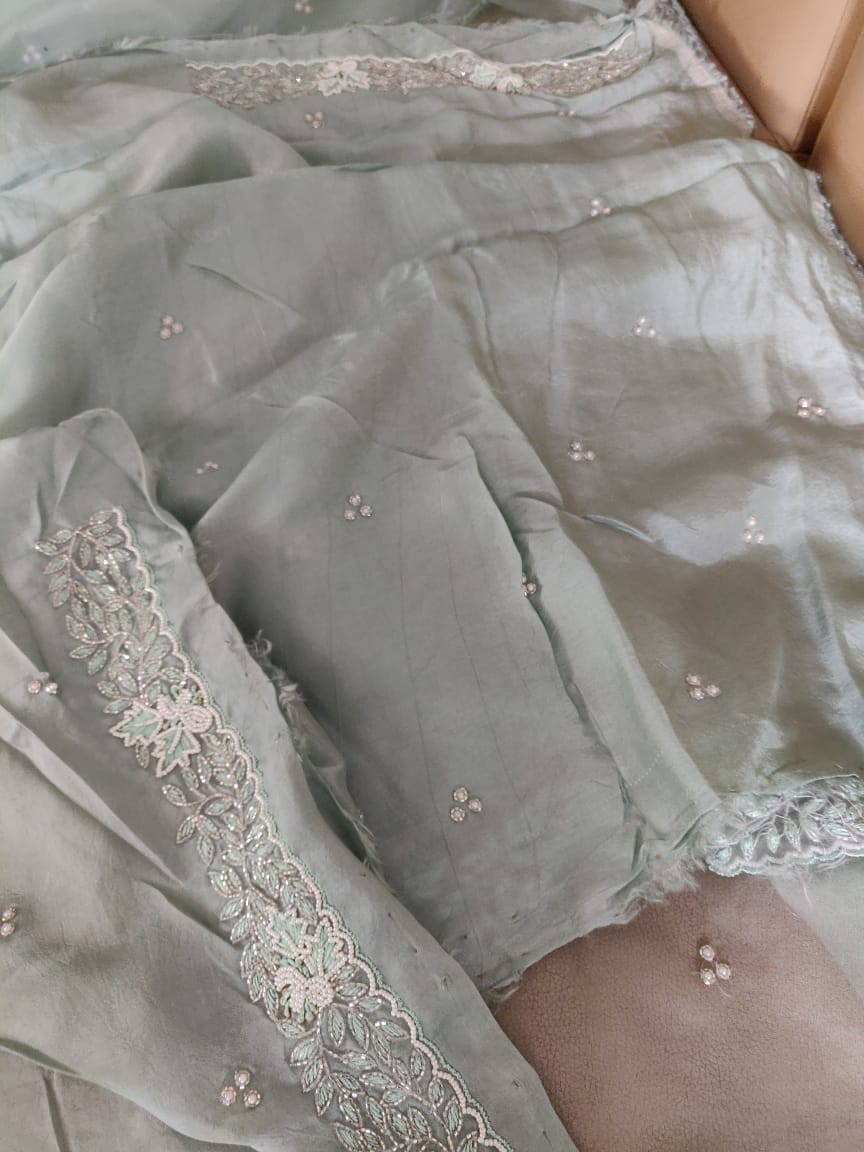 Zynah Organza Silk Saree with Cutdana Work, Pearl Beads Work; Custom Stitched/Ready-made Blouse, Fall, Petticoat; Shipping available USA, Worldwide