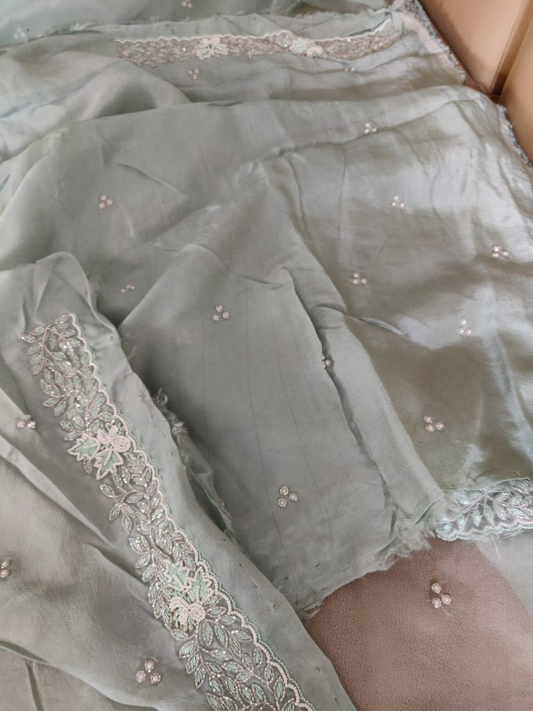 Zynah Organza Silk Saree with Cutdana Work, Pearl Beads Work; Custom Stitched/Ready-made Blouse, Fall, Petticoat; Shipping available USA, Worldwide