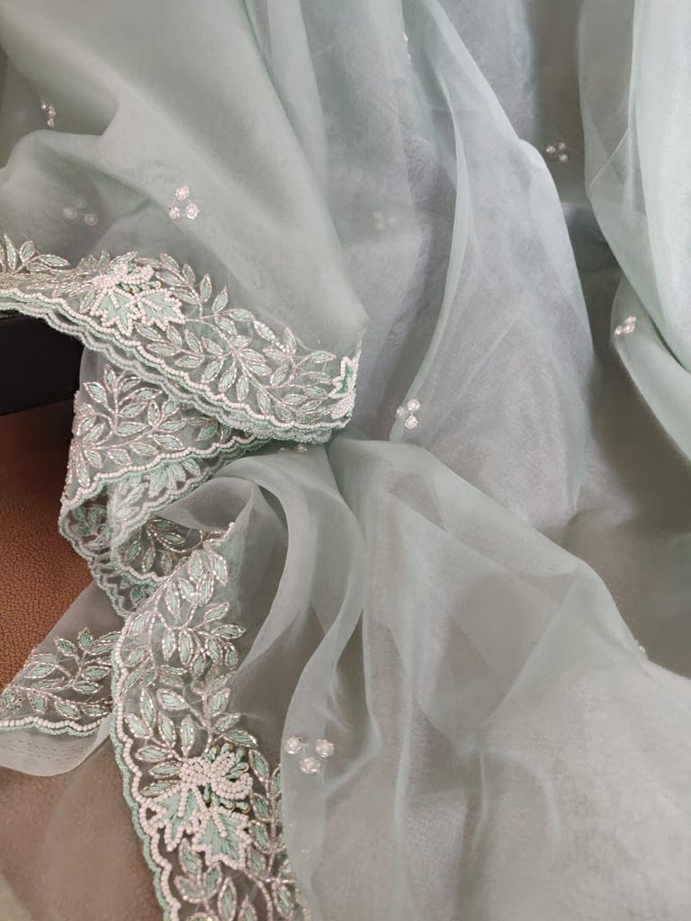 Zynah Organza Silk Saree with Cutdana Work, Pearl Beads Work; Custom Stitched/Ready-made Blouse, Fall, Petticoat; Shipping available USA, Worldwide