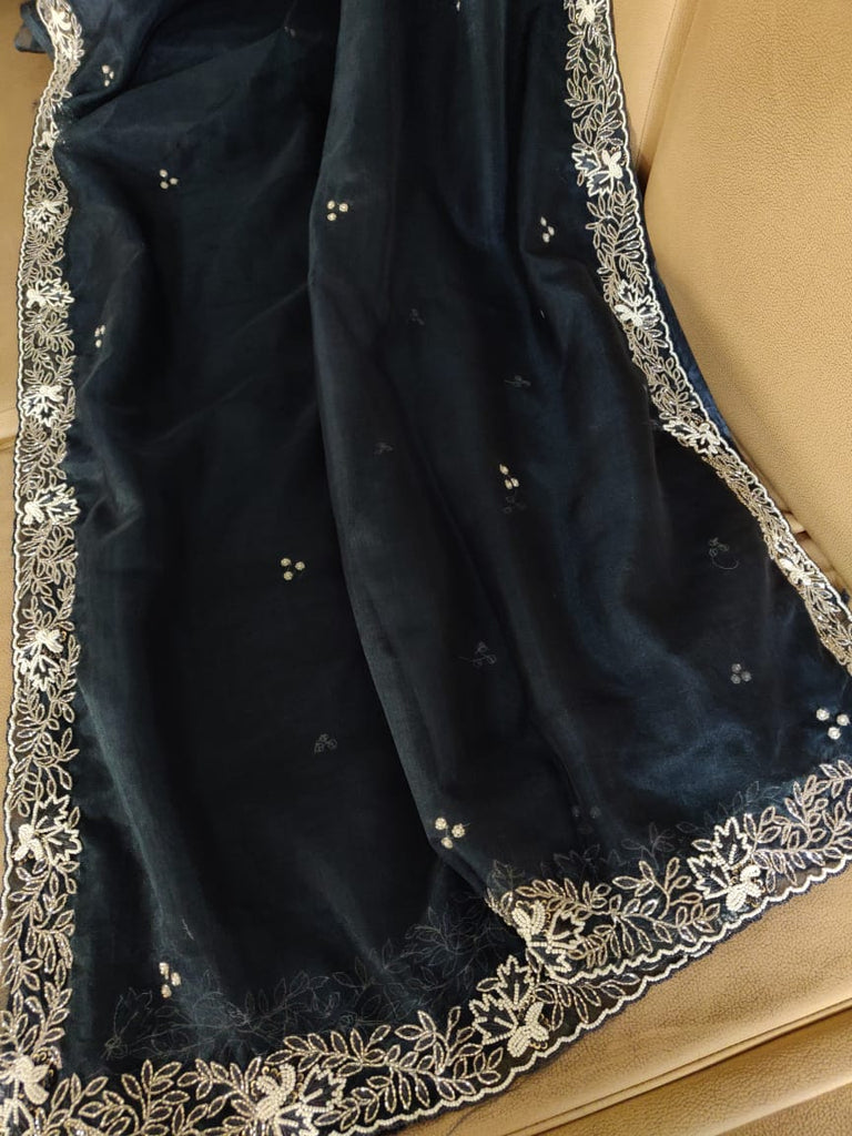 Zynah Organza Silk Saree with Cutdana Work, Pearl Beads Work; Custom Stitched/Ready-made Blouse, Fall, Petticoat; Shipping available USA, Worldwide