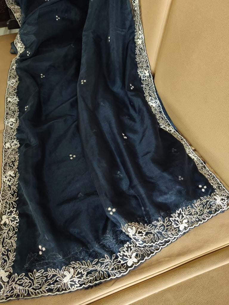 Zynah Organza Silk Saree with Cutdana Work, Pearl Beads Work; Custom Stitched/Ready-made Blouse, Fall, Petticoat; Shipping available USA, Worldwide