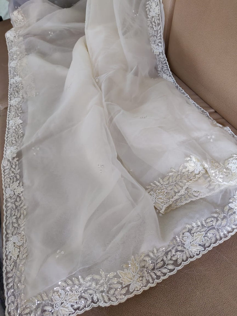 Zynah Organza Silk Saree with Cutdana Work, Pearl Beads Work; Custom Stitched/Ready-made Blouse, Fall, Petticoat; Shipping available USA, Worldwide