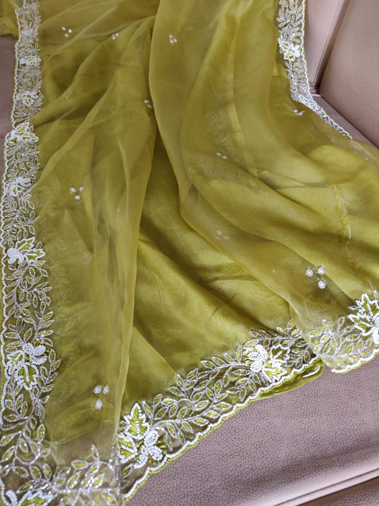 Zynah Organza Silk Saree with Cutdana Work, Pearl Beads Work; Custom Stitched/Ready-made Blouse, Fall, Petticoat; Shipping available USA, Worldwide