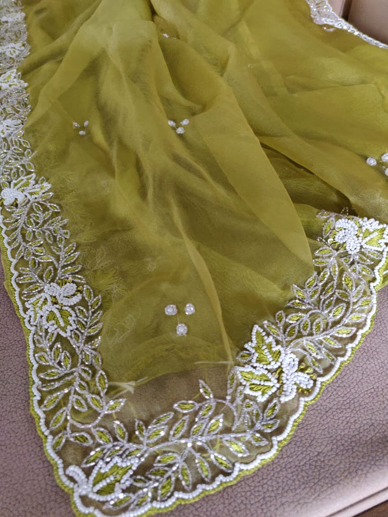 Zynah Organza Silk Saree with Cutdana Work, Pearl Beads Work; Custom Stitched/Ready-made Blouse, Fall, Petticoat; Shipping available USA, Worldwide