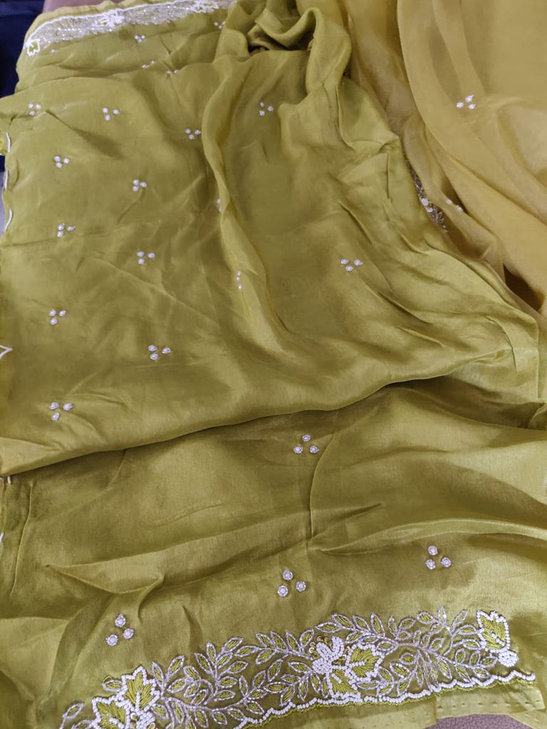 Zynah Organza Silk Saree with Cutdana Work, Pearl Beads Work; Custom Stitched/Ready-made Blouse, Fall, Petticoat; Shipping available USA, Worldwide
