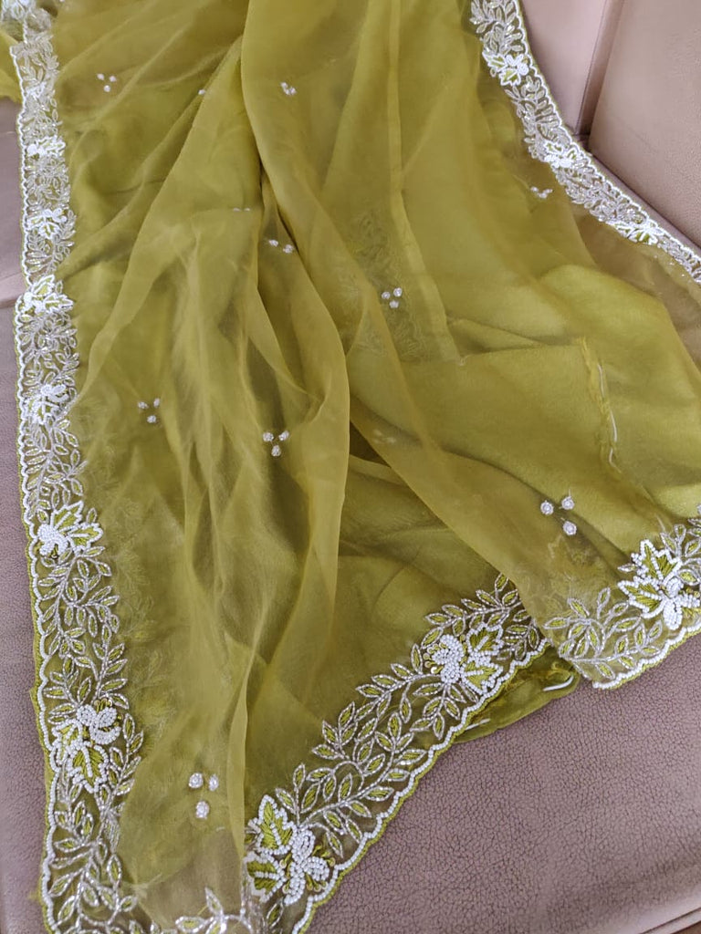 Zynah Organza Silk Saree with Cutdana Work, Pearl Beads Work; Custom Stitched/Ready-made Blouse, Fall, Petticoat; Shipping available USA, Worldwide