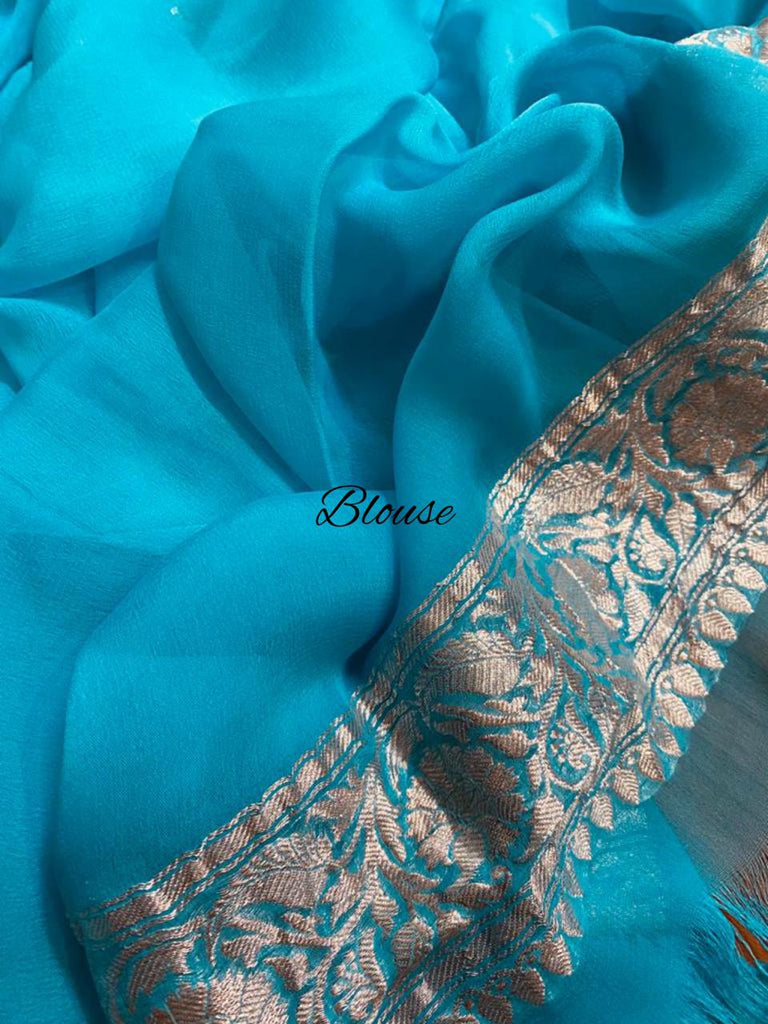 Zynah Pure Banarasi Handloom Khaddi Georgette Saree with Zari Border & Butis; Custom Stitched/Ready-made Blouse, Fall, Petticoat; Shipping available USA, Worldwide
