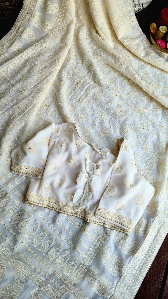 Zynah Pure Georgette Saree with Chikankari Work; Custom Stitched/Ready-made Blouse, Fall, Petticoat; Shipping available USA, Worldwide