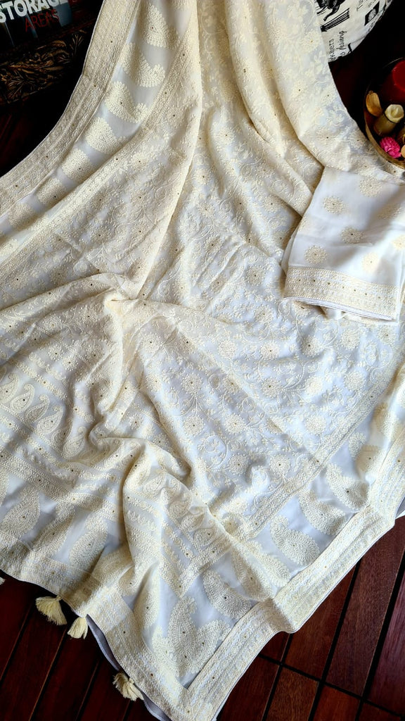 Zynah Pure Georgette Saree with Chikankari Work; Custom Stitched/Ready-made Blouse, Fall, Petticoat; Shipping available USA, Worldwide