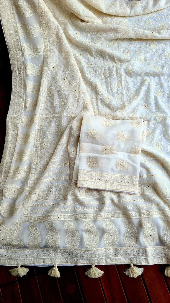 Zynah Pure Georgette Saree with Chikankari Work; Custom Stitched/Ready-made Blouse, Fall, Petticoat; Shipping available USA, Worldwide