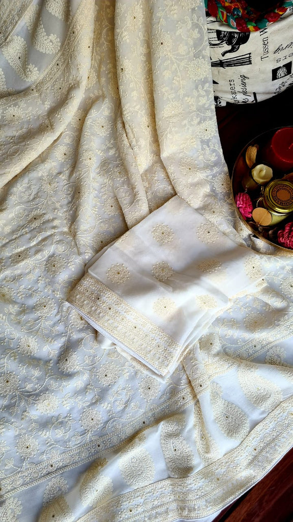 Zynah Pure Georgette Saree with Chikankari Work; Custom Stitched/Ready-made Blouse, Fall, Petticoat; Shipping available USA, Worldwide