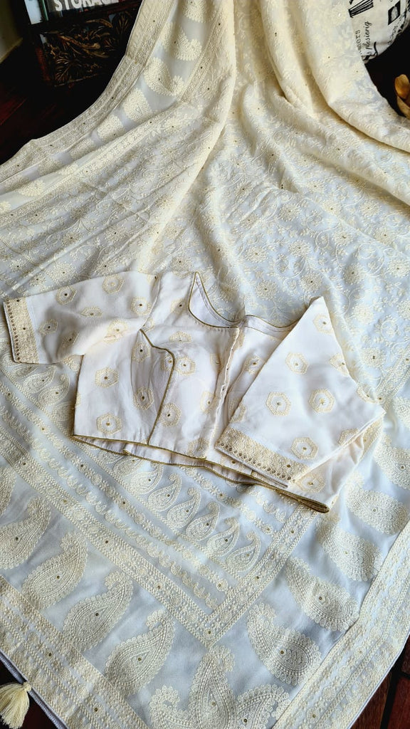 Zynah Pure Georgette Saree with Chikankari Work; Custom Stitched/Ready-made Blouse, Fall, Petticoat; Shipping available USA, Worldwide