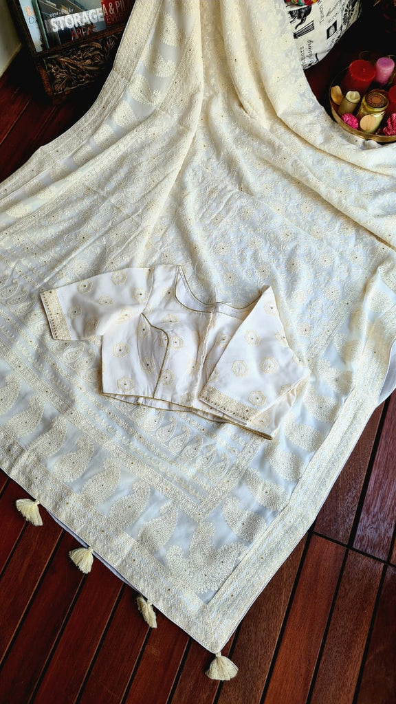 Zynah Pure Georgette Saree with Chikankari Work; Custom Stitched/Ready-made Blouse, Fall, Petticoat; Shipping available USA, Worldwide