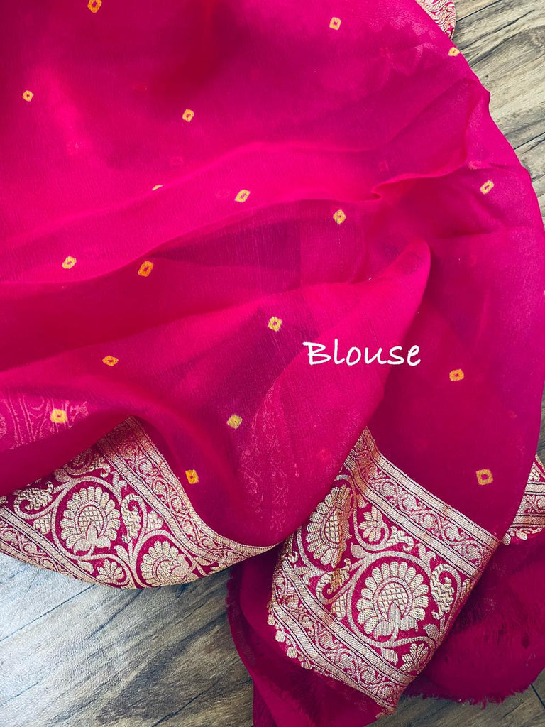 Zynah Khaddi Georgette Saree with Bandhani Prints, Antique Zari Weave; Custom Stitched/Ready-made Blouse, Fall, Petticoat; Shipping available USA, Worldwide
