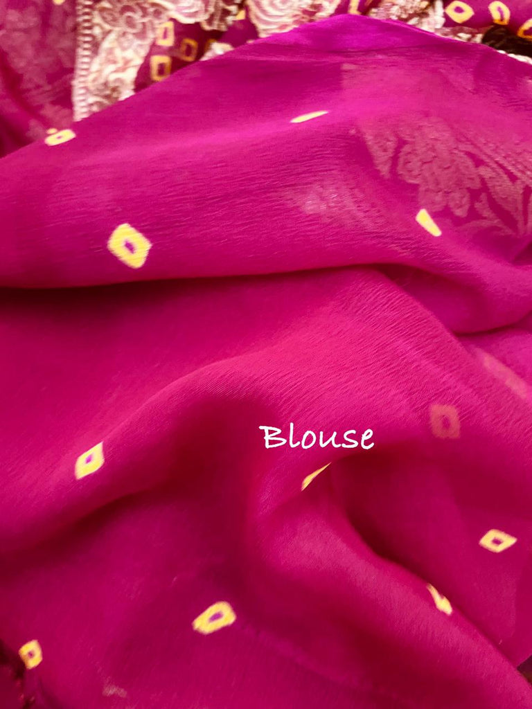 Zynah Khaddi Georgette Saree with Bandhani Prints, Antique Zari Weave; Custom Stitched/Ready-made Blouse, Fall, Petticoat; Shipping available USA, Worldwide