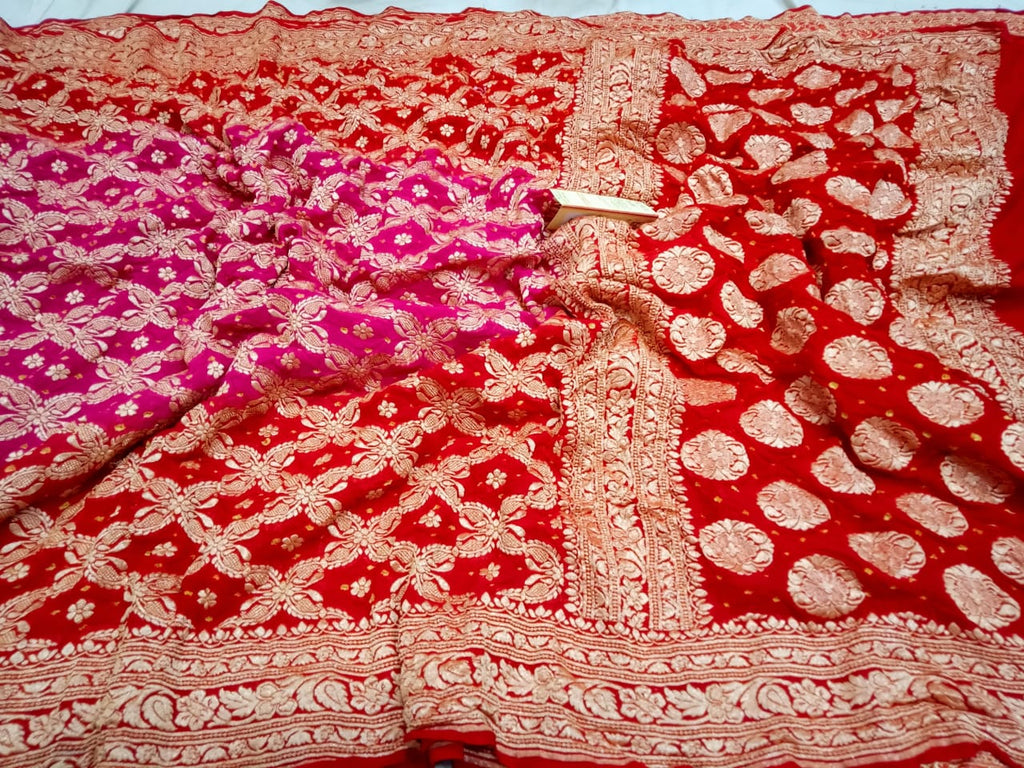 Zynah Khaddi Georgette Saree with Bandhani Prints, Antique Zari Weave; Custom Stitched/Ready-made Blouse, Fall, Petticoat; Shipping available USA, Worldwide