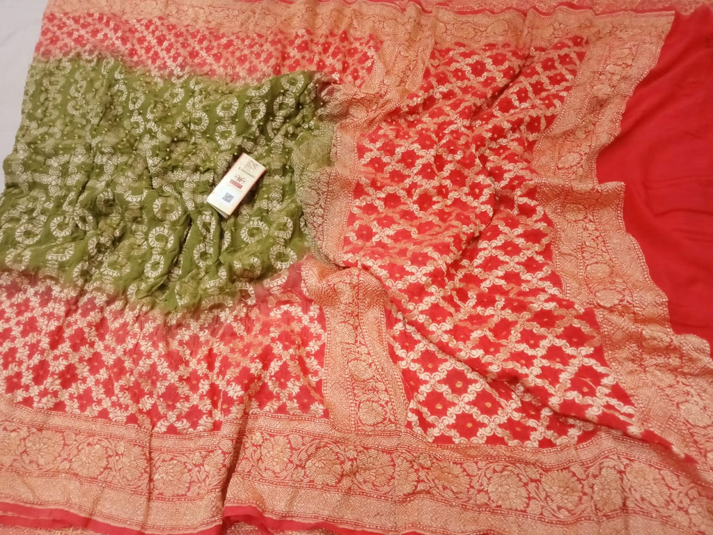 Zynah Khaddi Georgette Saree with Bandhani Prints, Antique Zari Weave; Custom Stitched/Ready-made Blouse, Fall, Petticoat; Shipping available USA, Worldwide