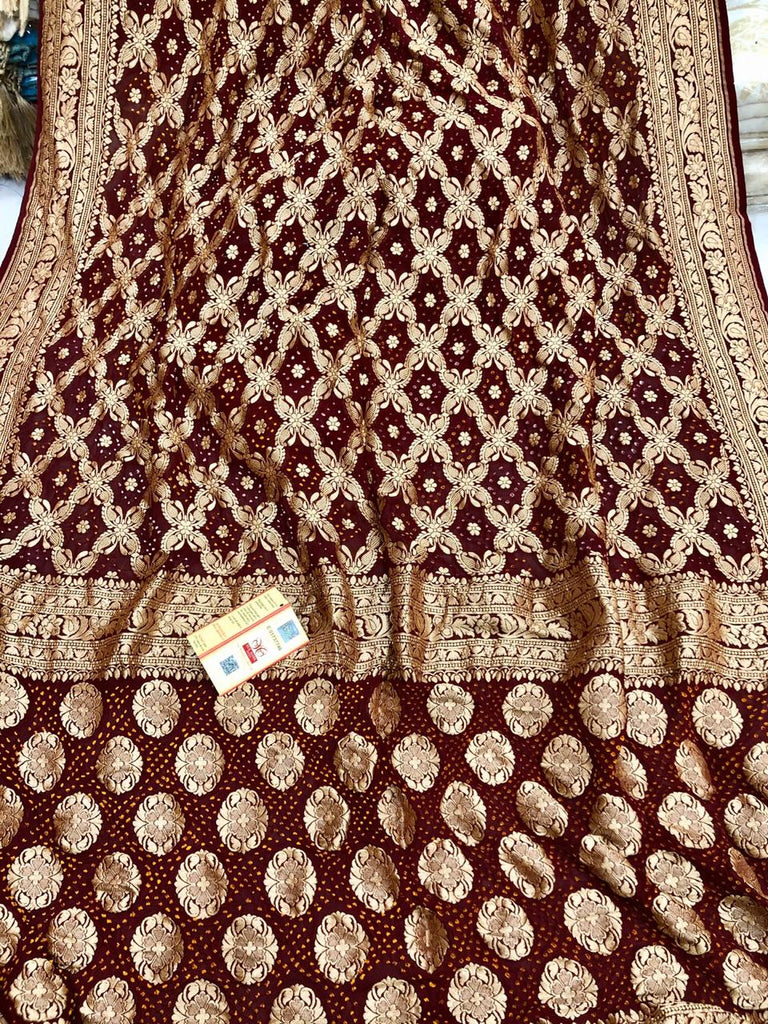 Zynah Khaddi Georgette Saree with Bandhani Prints, Antique Zari Weave; Custom Stitched/Ready-made Blouse, Fall, Petticoat; Shipping available USA, Worldwide