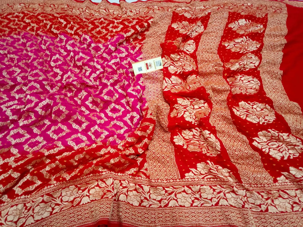 Zynah Khaddi Georgette Saree with Bandhani Prints, Antique Zari Weave; Custom Stitched/Ready-made Blouse, Fall, Petticoat; Shipping available USA, Worldwide