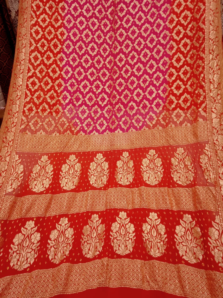 Zynah Khaddi Georgette Saree with Bandhani Prints, Antique Zari Weave; Custom Stitched/Ready-made Blouse, Fall, Petticoat; Shipping available USA, Worldwide