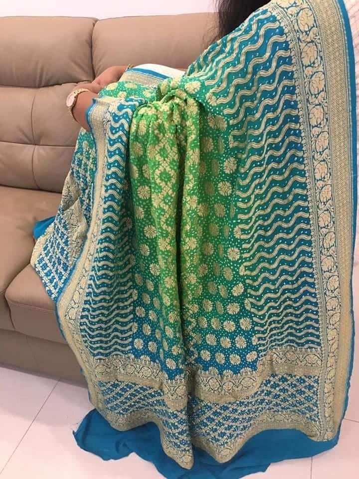 Zynah Khaddi Georgette Saree with Bandhani Prints, Antique Zari Weave; Custom Stitched/Ready-made Blouse, Fall, Petticoat; Shipping available USA, Worldwide