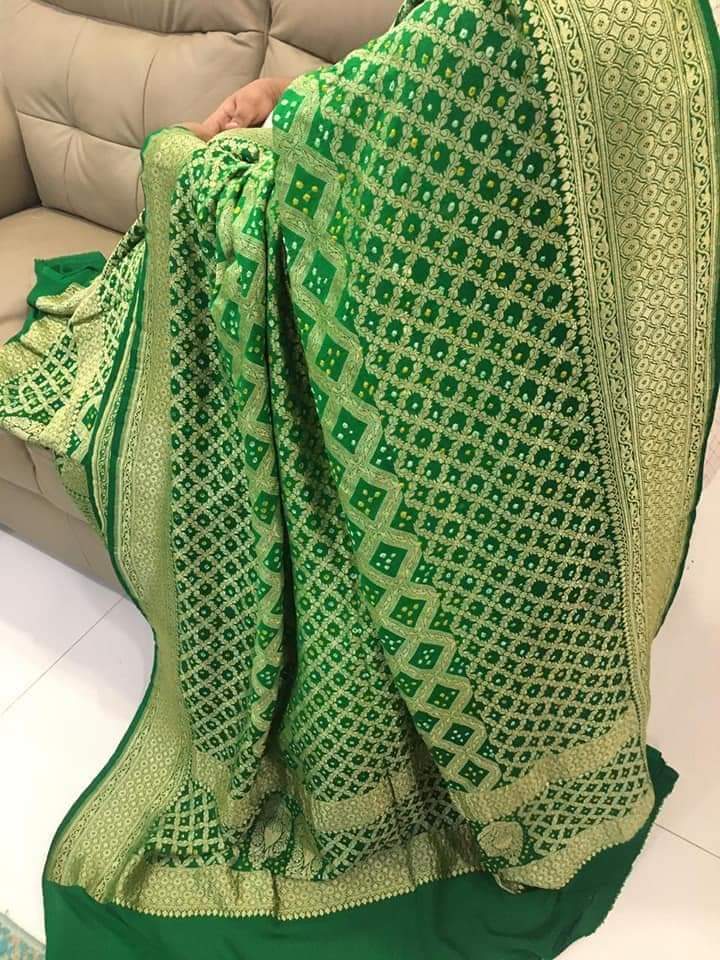 Zynah Khaddi Georgette Saree with Bandhani Prints, Antique Zari Weave; Custom Stitched/Ready-made Blouse, Fall, Petticoat; Shipping available USA, Worldwide