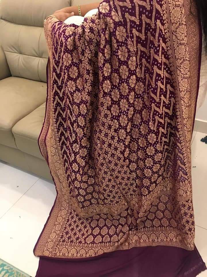Zynah Khaddi Georgette Saree with Bandhani Prints, Antique Zari Weave; Custom Stitched/Ready-made Blouse, Fall, Petticoat; Shipping available USA, Worldwide